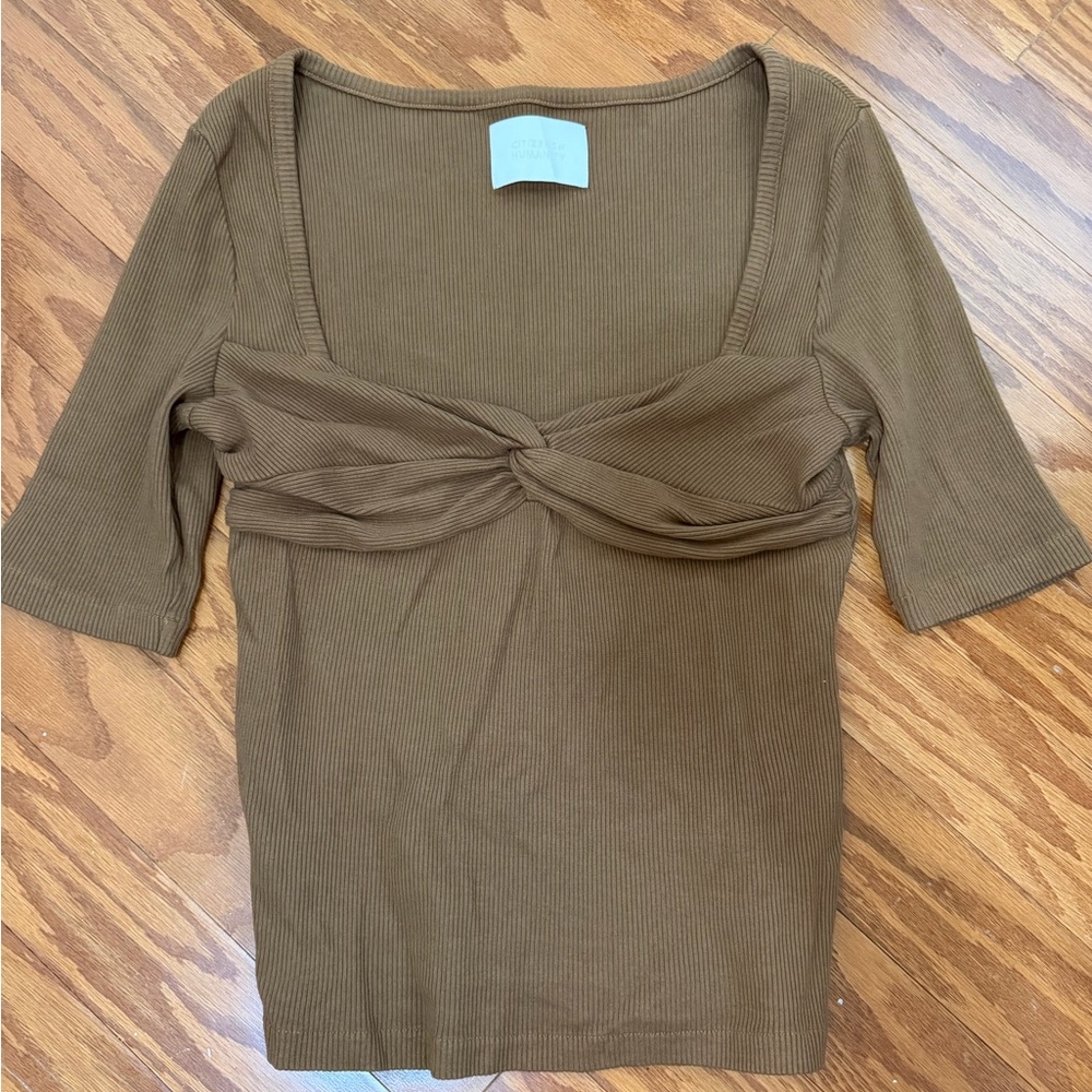 Citizens Of Humanity Parie Twist-Front Ribbed organic cotton blend Scoop Top L